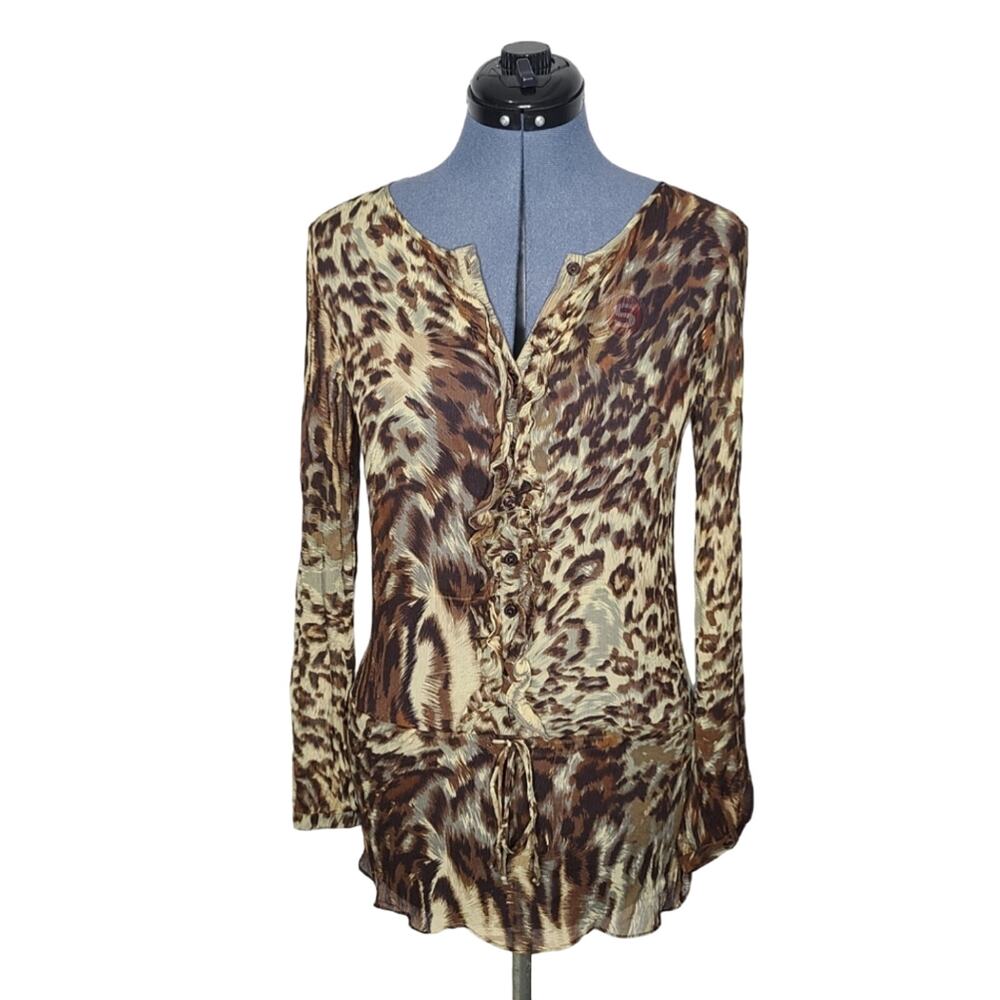 CAbi 100% silk leopard animal print semi sheer top small